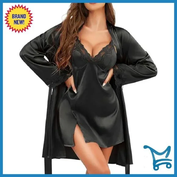 Satin Sleepwear Set Lace Cami Robe Silk Pajamas Women's Size M